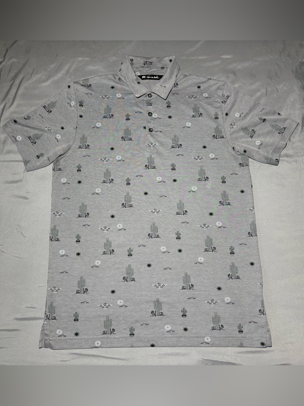 Travis Mathew Men' Polo Shirt Candy Shores Grey Cactus Print Short Sleeve Size M